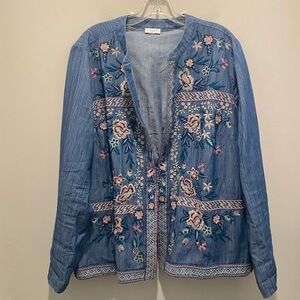 J Jill Embroidered Chambray Womens XL Open Front Jacket Boho Coastal Grandma EUC